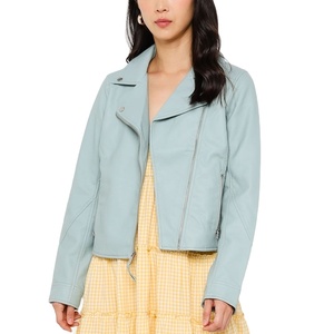 Chaqueta de Moto de Cuero Sintético Azul Claro para Mujer, Manga Larga, Cierre de Cremallera, Cuello Alto, Estilo Primavera - Product Image 1