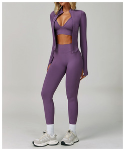 Custom High Quality Quick Drying Shrinking Waist Thin Women <b>Jacket</b>+Bra+shorts Three-piece Set Sports Fitness <b>Yoga</b> Gym Wear <b>Yoga</b> - Product Image 4