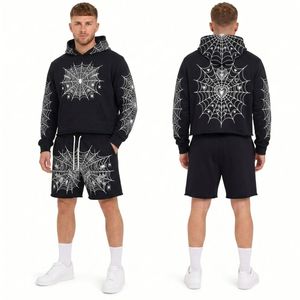 Ensemble de survêtement décontracté 2 pièces pour homme, rose, en coton, avec sweat à capuche imprimé graphique et strass, et short assorti, style streetwear - Product Image 5