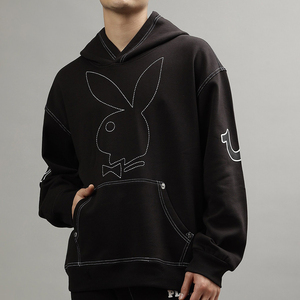 Sweat-shirt à capuche surdimensionné noir personnalisé pour homme avec surpiqûres contrastées et poche kangourou, style streetwear - Product Image 1