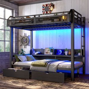 Letto a Castello in Metallo con Ripiani Portaoggetti e Luci LED, Porte USB Multifunzionali, Modello Inferiore B - Product Image 4