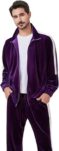 Ensemble de sport de luxe pour homme en velours violet foncé, décontracté, deux pièces, avec bande latérale blanche professionnelle - Product Image 3