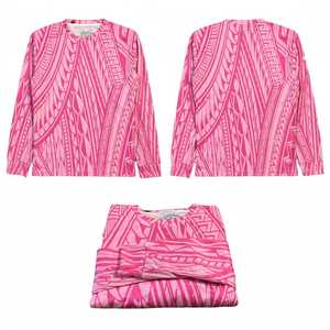 <b>Men's</b> <b>Pink</b> Sublimation <b>Long</b> <b>Sleeve</b> Collarless <b>Shirt</b> Custom Geometric Pattern Quick Dry Polyester Tee - Product Image 4