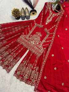 DESIGNER CHINON EMBROIDERY CODING SEQUENCE WORK TOP PALAZZO WITH DUPATTA <b>RED</b> 75254 - Product Image 4