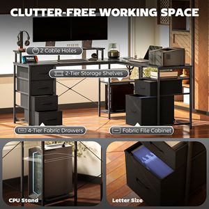 66\" Distressed Black Reversible L Shaped Computer Desk <b>Corner</b> Desk with File Drawer Power Outlets <b>LED</b> <b>Lights</b> for Laptop Use - Product Image 4