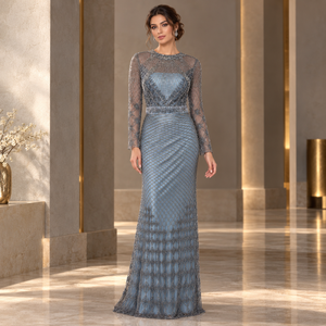 Vestido de noche azul grisáceo estilo sirena para mujer con bordado de diamantes plateados en forma de entramado. |   Vestido Formal Largo Hasta el Suelo con Mangas Largas para Eventos - Product Image 2