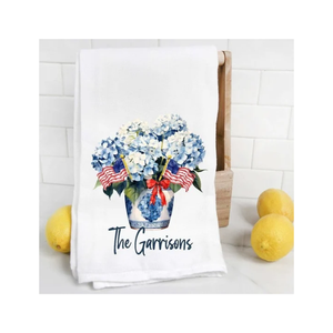 Personalized Pure White Digital <b>Hand</b> Printed Non Fading Patriotic Floral Kitchen <b>Towel</b> Cotton Organic Rectangle The Garrisons - Product Image 1