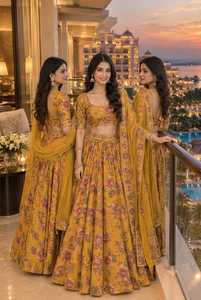 <b>Women</b> Mustard Yellow Floral Print 100% Silk <b>Short</b> Top Lehenga Choli <b>Set</b> with Dupatta Sequins Mirror Work Embroidery 3 Piece - Product Image 3