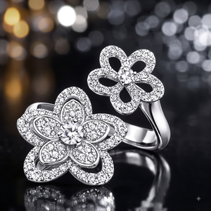 Bague en argent 925 plaqué rhodium avec design luxueux et accrocheur, sertie de moissanite et de diamants en grappe florale classique, cadeau d'anniversaire - Product Image 5