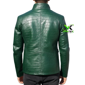 VANTEX SPORTS Men's Brown Croc Embossed Genuine Canvas Motorcycle <b>Jacket</b> Stand Collar Breathable Fabric <b>Sheep</b> Lining Snake <b>Skin</b> - Product Image 6