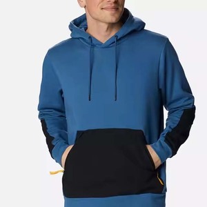 เสื้อฮู้ดผู้ชายสีน้ำเงิน ดีไซน์กระเป๋าแบบคัลเลอร์บล็อก ทรงปกติ สวมใส่สบายๆ สำหรับฤดูใบไม้ร่วง ผลิตจากโพลีเอสเตอร์ 100% เฟรนช์เทอร์รี่ - Product Image 1