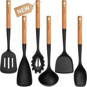 Set di 6 utensili da cucina in silicone antiaderente con manico in legno, senza BPA, resistenti al calore, set di utensili da cucina di grandi dimensioni - Product Image 1