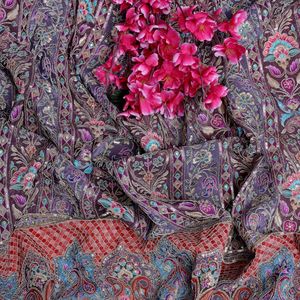 Imperial Rajkumari Royal Purple Premium Natural Crepe Knitted <b>Silk</b> Fabric Featuring Traditional Mughal Inspired Vertical Girls - Product Image 5