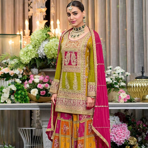 Traje Sharara de Georgette Sintético con Estampado Digital Zardosi Verde y Dupatta para Mujer, Ideal para Bodas Indias, Fiestas y Festivales - Product Image 1