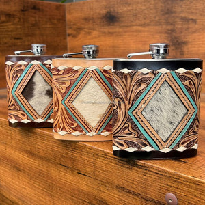 New Arrival Ready to Ship Hand Tooled Leather Hip <b>Flask</b> Luxury High Quality Genuine Cowhide Leather Stainless Steel <b>Flask</b> Holder - Product Image 4