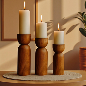 Acacia Wood <b>Candle</b> Holder Set of 3: Rustic Pillar <b>Candle</b> Stands By B H Brothers - Product Image 4