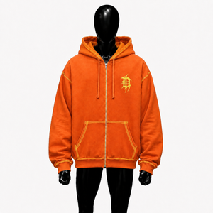 Sudadera con capucha gótica naranja con cremallera, costuras en contraste amarillas, estilo urbano oversize, logo bordado, unisex, personalizada, moda punk, casual - Product Image 1