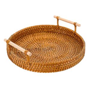 Handwoven RATTAN TRAY FRUIT STORAGE <b>BASKET</b> with <b>Handles</b> Gift, Custom Size <b>Wicker</b> Serving Tray Vietnam - Product Image 1