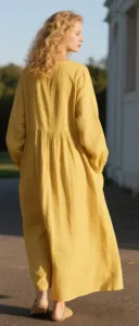 Robe longue bohème en coton pour femme, coupe ample, manches longues, couleur unie, taille froncée, décontractée - Product Image 5