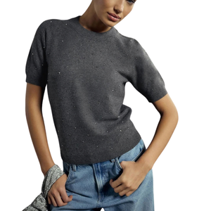 Pull en maille à manches courtes gris anthracite uni, orné de strass thermocollés, léger, ultra-doux, coupe ajustée pour femme - Product Image 1
