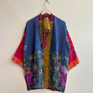 ชุดคลุมกิโมโนผ้าไหมส่าหรีอินเดียสำหรับผู้หญิง แบบสั้น ใส่คลุมชุดฤดูร้อน ชุดลำลอง - Product Image 1