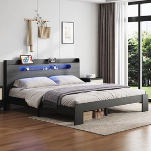 Letto Matrimoniale King Size con Struttura in Legno, Testiera Illuminata a LED e 2 Porte USB, Silenzioso, Senza Necessità di Rete a Doghe, con Vano Contenitore Integrato - Product Image 3