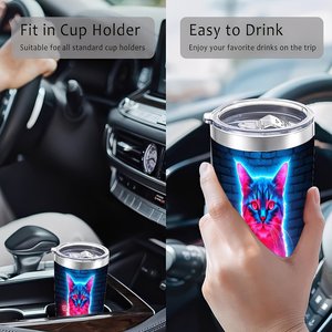 Stainless Steel Tumbler 20oz Vacuum <b>Insulated</b> Portable Leakproof Travel <b>Mug</b> With Neon Cat Gaming Design - Product Image 4