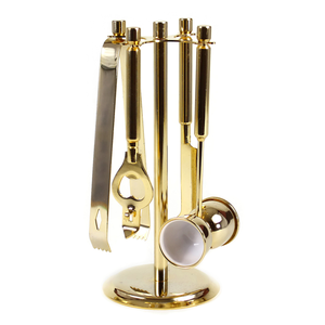 Ensemble d'outils de bar en or de luxe 5 pièces avec support, kit de barman en acier inoxydable, ensemble de shaker à cocktails professionnel pour les outils de bar à domicile - Product Image 1