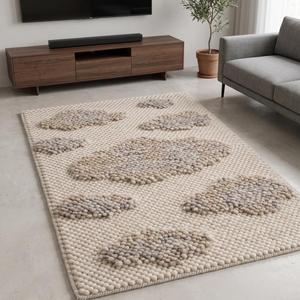 Alfombra de Lana Tejida a Mano con Patrón de Nubes Flotantes en Gris Crema, Alfombra Minimalista para Decoración Moderna del Hogar - Product Image 4