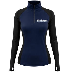 <b>Women</b> <b>Quarter</b> <b>Zip</b> Athletic Top Navy Blue Long Sleeve Fitted Sports Training Shirt High Collar Thumbhole Performance Activewear - Product Image 1
