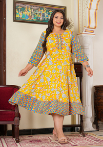 Floral Printed Rayon Women's sets Plus Size <b>Maternity</b> Anarkali <b>Dress</b> 3/4 Sleeves Round Neck <b>Yellow</b> Casual Pregnancy Ethnic Wear - Product Image 5