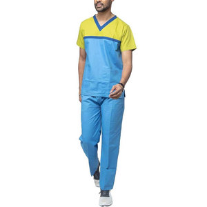 Ensemble de blouses et pantalons unisexe bleu et jaune à col en V en coton et polyester tissé pour uniforme d'hôpital, avec détection de pointes, service OEM pour blouses de laboratoire - Product Image 1
