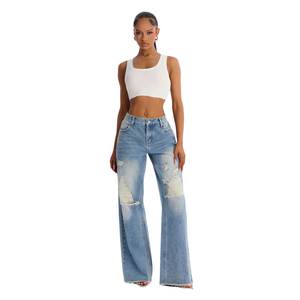 Jean en denim déchiré bleu clair pour femme, coupe large, taille mi-haute, respirant, décontracté, ample, pantalon tendance automne, longueur complète - Product Image 1