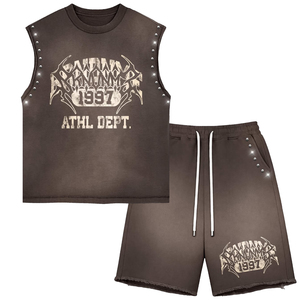 Ensemble T-shirt sans manches et short pour homme OEM, style streetwear délavé avec strass, coupe oversize, col rond, 100 % coton, idéal pour l'été - Product Image 1