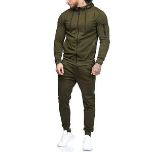 Men's Army Green <b>Hooded</b> Tracksuit Set Full <b>Zip</b> Casual Jogging Suit Solid Color Side Pockets Regular Fit Autumn Wear - Product Image 3