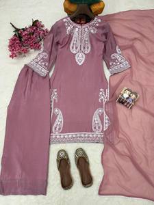 Women's Purple Embroidered Kurta Set With <b>White</b> <b>Lace</b> Loose Fit Ankle-Length Traditional Indian Pakistani Wear All Seasons - Product Image 5