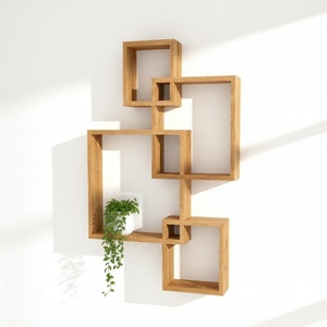 Estante de pared de madera tallada con diseño minimalista, soporte de almacenamiento de cinco niveles para decoración del hogar y sala de estar - Product Image 4