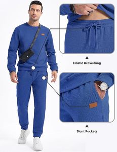 Conjunto Deportivo Azul para Hombre, Cuello Redondo, Manga Larga, Color Sólido, Transpirable, Informal, con Pantalones con Cordón y Bolsillos Laterales - Product Image 5