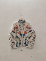 Veste bomber à col montant pour femme, manches trois quarts, broderie florale à la main, style hiver, tricotée 100% coton, design élégant