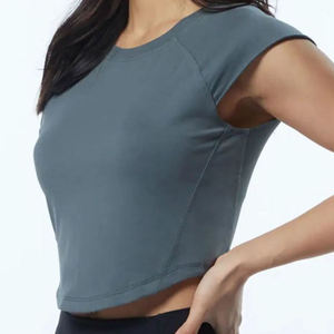 Camiseta Corta Roja para Mujer, con Rayas Blancas y Negras, Cuello Redondo, Hombros Caídos, Manga Corta, Transpirable, Ecológica, Informal, 100% Lona - Product Image 5