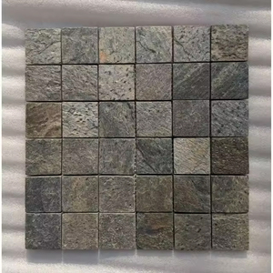 Natural Split Face Zeera Green Slate Mosaic <b>Tiles</b> Textured Surface Stone <b>Wall</b> Cladding <b>Sheet</b> Supply - Product Image 2