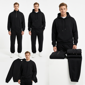 Conjunto de Sudadera Casual para Hombre, Color Negro Sólido, Sudadera con Cierre de Cremallera, Cuello Redondo, con Pantalones Deportivos - Product Image 2