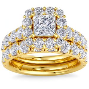 Bague solitaire vintage avec halo en or jaune 18 carats, diamant de laboratoire de 3,00 carats taille princesse, clarté VS1, couleur F, certifié IGI - Product Image 1
