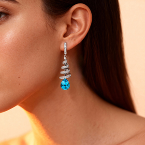 Boucles d'oreilles pendantes de luxe en or massif 18 carats avec topaze bleue suisse naturelle en forme de poire et diamants véritables, élégantes pour mariage - Product Image 2