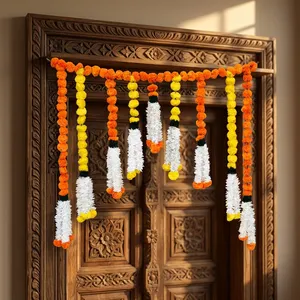 Artificial Marigold and Jasmine Flower Garland Backdrop with Orange Yellow <b>White</b> <b>Hanging</b> Strings for Wedding and Festival Decor - Product Image 2