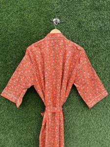Kimono de Algodón con Estampado Floral de Bloques Indios, Largo, Abierto por Delante, Cuello en V, Estilo Boho Casual, para Playa, Verano, Primavera, Ecológico - Product Image 3