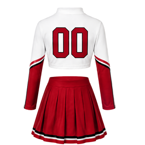 Ensemble uniforme de cheerleading sublimé rouge et blanc à manches longues avec jupe plissée – Tenue de sport d'équipe pour entraînement et performance – Personnalisable - Product Image 3