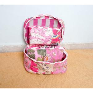 Elegant Handcrafted 3pc Quilted <b>Vanity</b> Pouch Set Organic Cotton Floral printed Water-Resistant Lining Multipurpose Storage Bags - Product Image 4