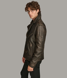 Men's Cow Skin <b>Leather</b> Moto <b>Jacket</b> Slim Fit Turn-down Collar Zipper Closure Solid Color Autumn Wear Modern fit plus size - Product Image 6