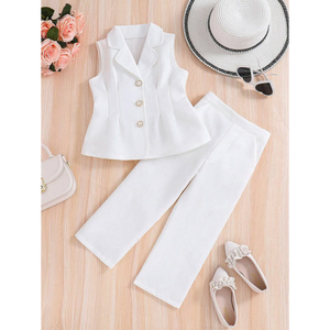 Ensemble Blazer sans Manches à Volants et Pantalon Droit pour Filles, Vert Sauge, 2 Pièces, Tenue Formelle Gilet et Pantalon pour Enfants - Product Image 3